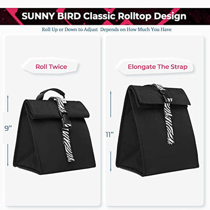 SUNNY BIRD Insulated Lunch Bag Rolltop Lunch Box (Black with white strap) - color: Black with white strap