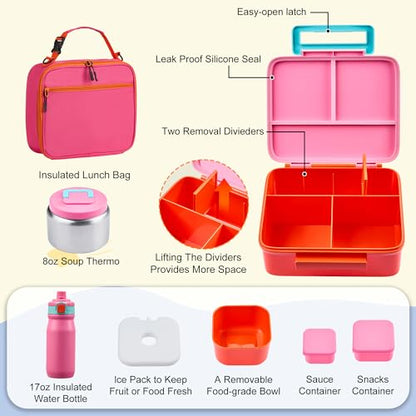 Bento Lunch Box for Kids with Thermo, Leakproof Bento Box with 8oz Insulated Food Jar, Insulated Bottle, Lunch Bag, BPA Free Dishwasher Safe 4 Compartment Container for School Girls Boys (Pink) - color: Pink
