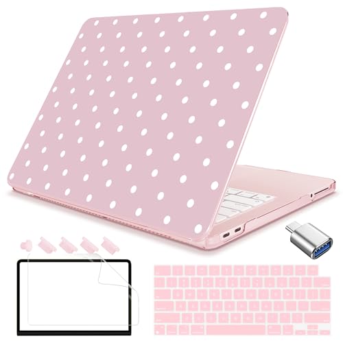 Teryeefi for 2026 MacBook Neo 13 inch Case A3404 A18 Pro Chip, 5 in 1 Plastic Hard Shell with Type C Adapter, Keyboard Cover, Screen Protector & Dust Plug, Pink Dots - color: Pink Dots