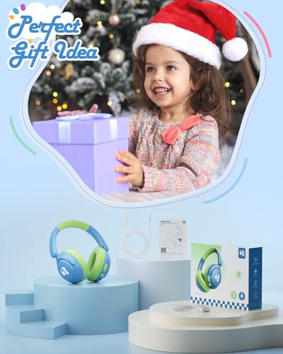awatrue Kids Bluetooth Headphones, 85dB Volume Limiter, Foldable Wireless Over-Ear Headphones for iPad, Travel, 75H Playtime, Bluetooth 5.4, Built-in Mic, Blue Green - color: Blue-Green