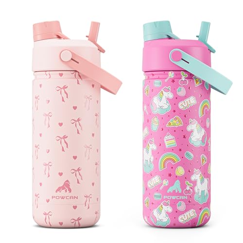 POWCAN 2 Pack 18 oz Insulated Water Bottle for School: Leakproof, 2-in-1 Straw Spout Lid, BPA-Free, Keep Cold 24 Hrs, Stainless Steel Cup for Girls Boys Kids (Sweetheart Bow & Cute Unicorn) - color: Sweetheart Bow & Cute Unicorn, size: 18 oz (Pack of 2)