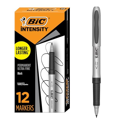 BIC Intensity Black Permanent Markers, Ultra Fine Point, 12-Count Pack of Black Markers With Non-Slip Grip for Comfort and Control - color: Black, style: Ultra Fine Point