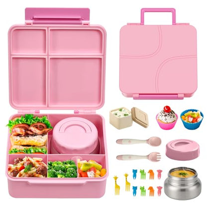 Bento Box for Kids Lunch box with Leak Proof Thermos Food Jar, Food Lunch Containers for Girls with 4 Compartments, Food Picks, Sauce Jar(Pink) - color: Pink