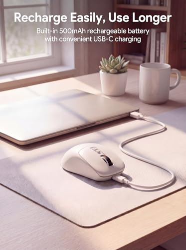 RAPIQUE Wireless Mouse for Laptop, Dual Bluetooth & 2.4G, Multi-Device for 3 Devices, USB-C Rechargeable, Quiet Click, 4 DPI Levels up to 3200, Ergonomic Right-Hand Mouse for MacBook, PC - White - color: White