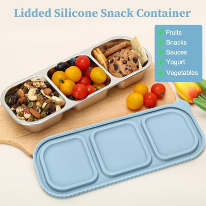 3 Compartment Stainless Steel Snack Containers. | Reusable Snackle Box Container with Leakproof Lids Metal Bento Lunch Boxs Food Storage Containers for Travel Picnics Office - color: 01-BL