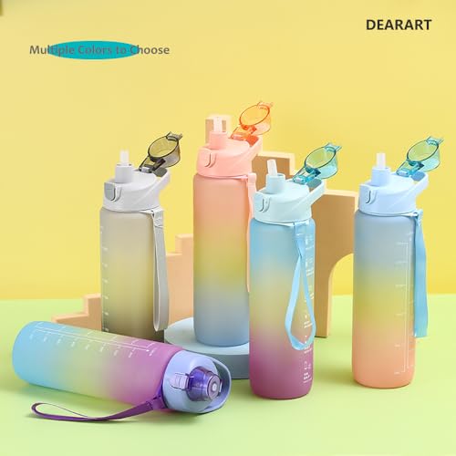 DEARART 2-Pack 32oz Purple-Mix and Pink Water Bottle, Detachable Straw Wide Mouth Motivational & Time Marker with Handle Easy Carried, Flip Up Lid Lock Feature