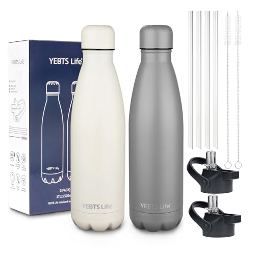 Insulated Water Bottle, 2 Pack-17oz Stainless Steel Water Bottles with straw lid, Metal Sports Water Bottles for Boys,Girls, Double Wall Vacuum BPA-Free Flask for School, Sports(Grey-white) - color: Grey-Cream white, size: 17 Ounces