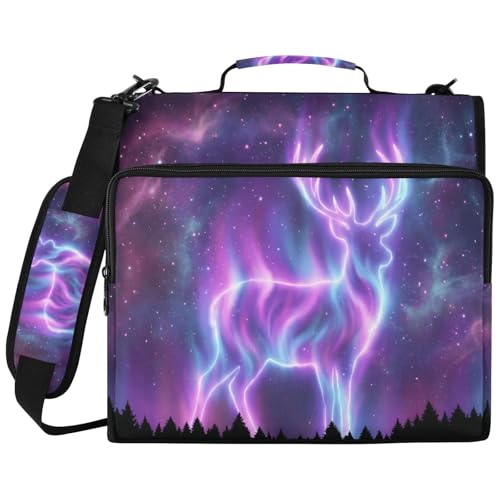Deer 2-inch 3 Ring Zipper Binder with Shoulder Strap Holds 14 Inch Laptop for Students and Office - color: Glowing Deer