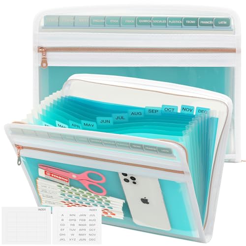 Mukawa 13 Pocket Expanding File Folder, Zipper Accordion File Folder, Expandable Folder with Customized Labels, Document Organizer for School Kids, Office Paper Organizer, Letter Size (Green) - color: Green/Teal