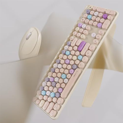 UBOTIE Ergonomic Wireless Keyboard and Mouse Combo with Phone Holder Wrist Rest, Round Colorful Keys, Power Switches, 2.4GHz USB Receiver, Full - color: Khaki