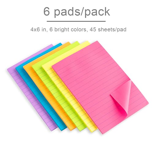 Lined Sticky Notes 4X6 in Bright Ruled Stickies Colorful Super Sticking Power Memo Pads, 45 Sheets/pad, 6 Pads/Pack - size: 4x6 in