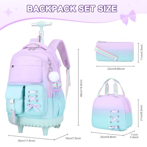 Scothen Rolling Backpack for Girls, Girls Backpack Set with Lunch Box & Pencil Pouch for Teen Girl Kids Children Elementary Middle School, Bookbag Daypack Laptop Travel Backpack with Wheels - color: Purple Blue
