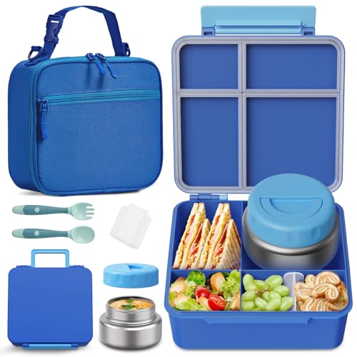 Bento Box for Kids with Thermo Food Container (9oz), 4-Compartment Lunch Box, Adjustable Divider, Leakproof Bento Lunch Box, Includes Utensils & Carry Bag for School, Office(Blue) - color: Blue