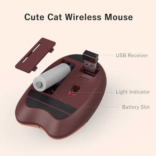 Cute Cat Wireless Mouse, 2.4GHz Wireless Silent Mouse, USB Receiver Plug and Play, 3 Adjustable DPI, Compatible with Notebook, PC, Laptop, Computer- Coffee Colorful - color: Coffee