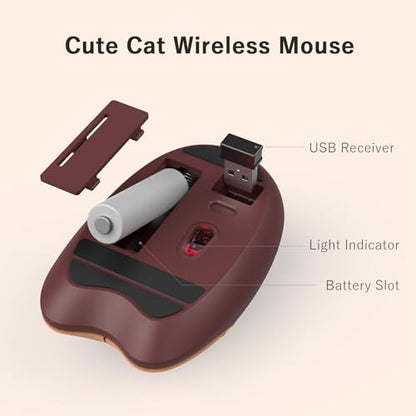 Cute Cat Wireless Mouse, 2.4GHz Wireless Silent Mouse, USB Receiver Plug and Play, 3 Adjustable DPI, Compatible with Notebook, PC, Laptop, Computer- Coffee Colorful - color: Coffee