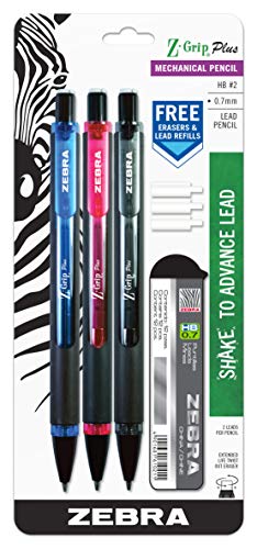 Zebra Pen Z-Grip Plus Mechanical Pencil, 0.7mm, with Lead and Erasers, Assorted Barrel Colors, Blue, Pink, Black, 3-Pack - (Case of 48 packs, 144 Count Total) (55603)