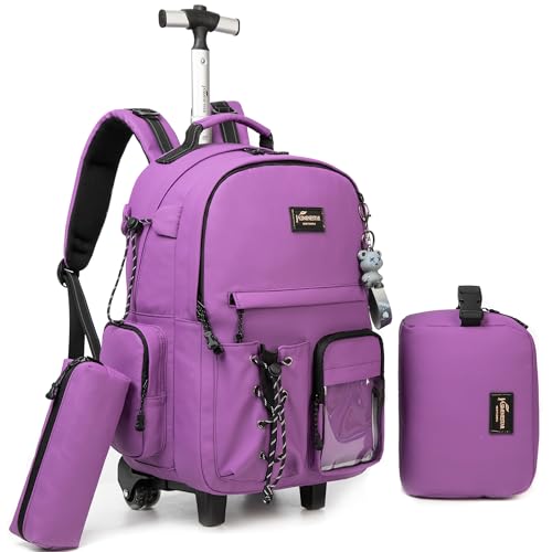 3 in 1 Rolling Backpack for School With Wheels and Lunch Box Set - Purple Carry-On Luggage for Teens, Girls, Boys - color: Purple