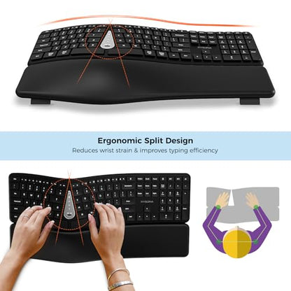 KYSONA Ergonomic Keyboard Mouse Wireless Combo, Full Size Bluetooth Split Keyboard with Wrist Rest, 4 Level DPI Ergo Mouse for Windows Mac OS Computer, Black - color: Black
