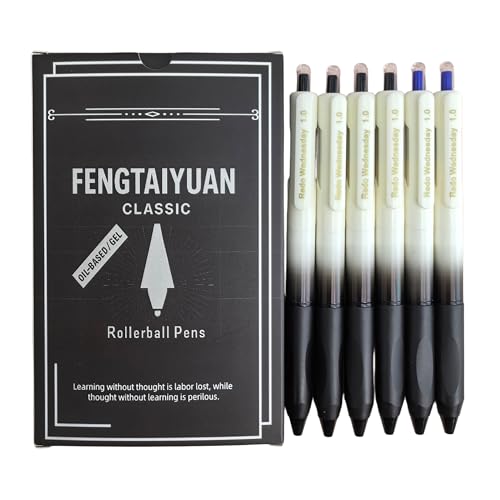 Fengtaiyuan Retractable Gel Pens, 1.0mm Bold Point Assorted Colors (4Black + 2Blue) Quick Dry Ink, Gradient Black-White Barrel with Ergonomic Non-Slip Grip, Smooth Writing [Pack of 6] - color: MulticolorFRWBB10P6
