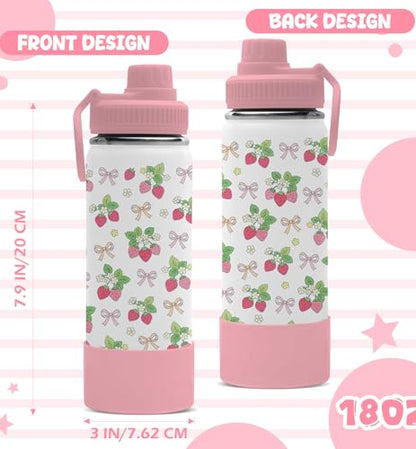 18oz Strawberry Water Bottle with 2Lids (Spout and Straw Lid), Insulated Stainless Steel Travel Bow Tumbler Cup, Strawberries Gifts for Women Teens Kids Girls - color: Strawberry