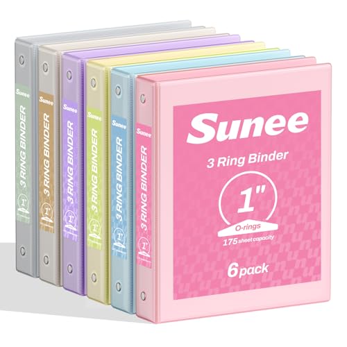 SUNEE 1 Inch Binders 3 Ring 6 Pack, Clear View Three Ring Binders PVC-Free (Fit 8.5x11 Inches) for School or Office Supplies, Pastel Binder - color: Pastel Assortment, size: 1 Inch
