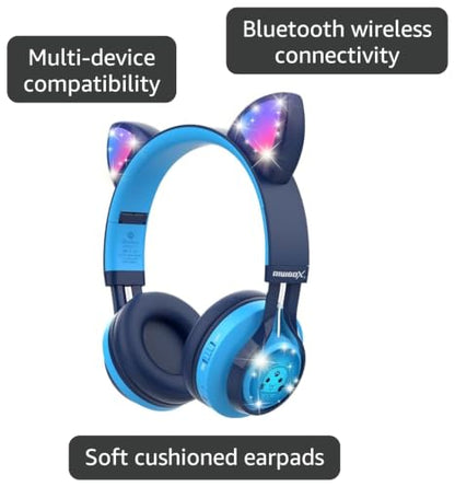 Riwbox CT-7 Cat Ear Bluetooth Headphones, LED Light Up Bluetooth Wireless Over Ear Headphones with Microphone and Volume Control for Travel/School/Smartphones/Laptop/PC/TV (Blue) - color: Blue