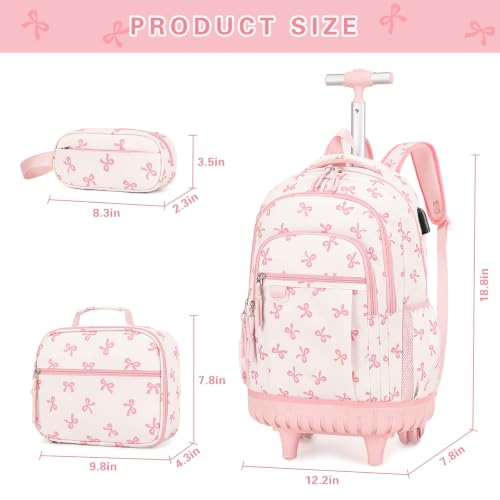 DIGOBAY Rolling Backpack for Girls, Cute Girls Backpack with Wheels, Kids Wheeled backpacks Set with Lunch Bag Pencil Case for Teen Girl, Roller School Bag with Wheels for Elementary Middle School - color: Beige and Pink Bow