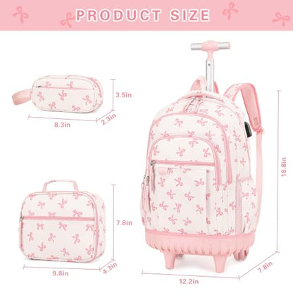 DIGOBAY Rolling Backpack for Girls, Cute Girls Backpack with Wheels, Kids Wheeled backpacks Set with Lunch Bag Pencil Case for Teen Girl, Roller School Bag with Wheels for Elementary Middle School - color: Beige and Pink Bow