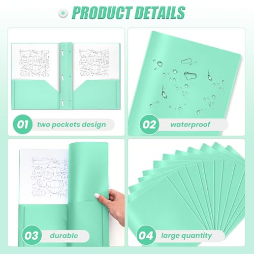 Yeaqee 80 Pcs Plastic Folders with Pockets and Prongs Plastic Folder 2 Pockets 3 Prongs with Business Card Slot Back to School Folders for Students, Teachers, Office Workers (Light Green) - color: Light Green