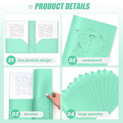 Yeaqee 80 Pcs Plastic Folders with Pockets and Prongs Plastic Folder 2 Pockets 3 Prongs with Business Card Slot Back to School Folders for Students, Teachers, Office Workers (Light Green) - color: Light Green