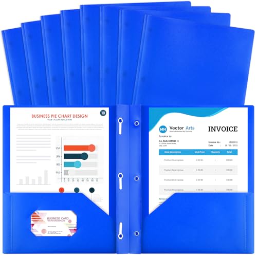 8 Pack Plastic Folders With 2 Pockets, Colorful Letter Size File Folders With Prongs and Business Card Slots for School Office - color: Blue