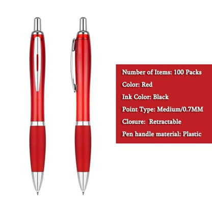 Personalized Business Pens with Logo - 100 Pack Bulk Retractable Pen - color: Red