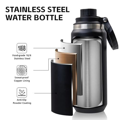 Greylock 20 oz Insulated Water Bottle with Straw Lid, Reusable Stainless Steel Sports Water Bottles with Foldable Handle, Leak Proof, Double-Wall Vacuum Insulation, 24 Hours Cold (Black) - color: Midnight Black, size: 20 Ounces