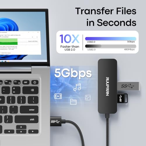 USB 3.0 Hub, 4-Port USB-A Splitter, 5Gbps High-Speed Data Adapter, Plug & Play USB Extender Hub for Laptop, PC, Desktop, Keyboard, Mouse, Flash Drive, External HDD, Printer, 1FT