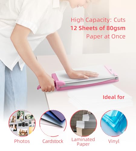 Firbon 12" Guillotine Paper Cutter with Hidden Ruler, Compact Paper Trimmer | 12-Sheet Capacity | Pink | Dual Scales | Paper, Cardstock & Photo Trimming | Scrapbooking Crafts | Office, Home & Studio Use - color: Pink