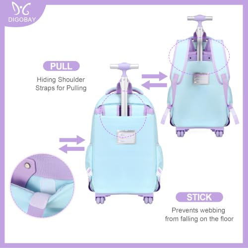 3-IN-1 Rolling Backpack for Girls with Lunch Bag Pencil case, Kawaii Backpack with Wheels for Girls, Roller School Bag with Wheels for Teen Elementary School Bookbags with Cute Pins Aquamarine-Purple - color: Aquamarine-purple
