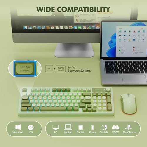 Wireless Keyboard and Mouse Combo Creamy with Number Pad for Desktop Mac iPad Bluetooth/2.4ghz/Wired Rechargeable Light up RGB Quiet Compatible with PC Laptop Tablet (Green) - color: Green