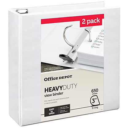 Office Depot® Heavy-Duty View 3-Ring Binder, 3" D-Rings, White, 49% Recycled, Pack of 2