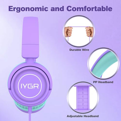 K6C Kids Headphones with USB-C, for Toddler & Kids Ages 2-12, 85dB Safe Volume Limited, Adjustable Headband & Foldable Wired, On-Ear Headphones for School, Travel, Tablet, iPad - color: Purple