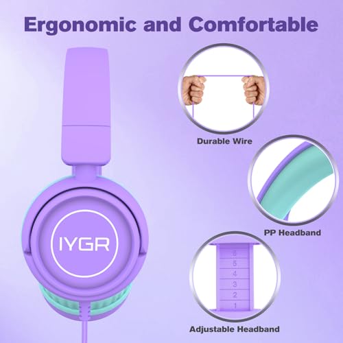 K6C Kids Headphones with USB-C, for Toddler & Kids Ages 2-12, 85dB Safe Volume Limited, Adjustable Headband & Foldable Wired, On-Ear Headphones for School, Travel, Tablet, iPad - color: Purple