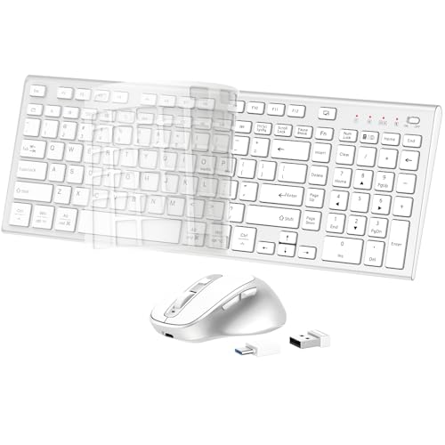 FENIFOX Wireless Keyboard and Mouse, Rechargeable USB C Combo Silent Quiet Compact Full Size Flat with Number Pad Soft Cover for Mac MacBook iMac Windows PC Laptop Computer Office - White & Silver - color: Silver