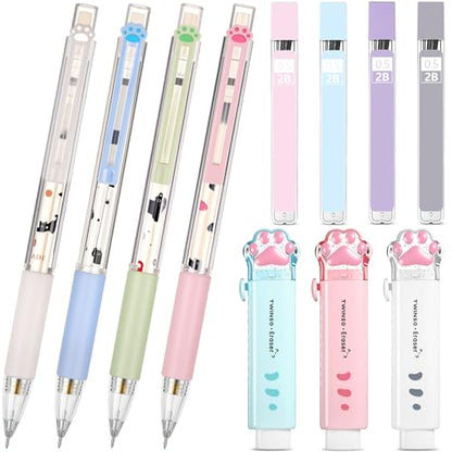 11 Pcs Black Cat Mechanical Pencil Set, 4 Mechanical Pencils 0.5mm, with 4 2B Lead Refills and 3/5 Erasers Christmas Stocking Stuffers for Women Cats Lovers Gifts (Cat) - style: Cat