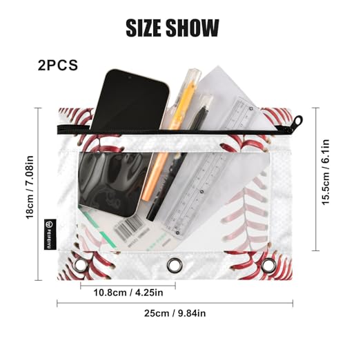 Baseball Pencil Pouches for 3 Ring Binder, Zipper Binder Pencil Case, 2 Pack Clear Window Case Bag for Office Organizers - color: Baseball