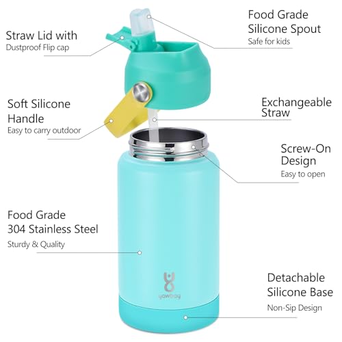 Kids Insulated Water Bottle with Straw Lid & Silicone Handle,12oz Kids Leak Proof Water Bottle for School Boys Girls,Double Wall Vacuum Stainless Steel with Non-slip Silicone Base(Lake Blue) - color: Light Blue, size: 12 Ounces