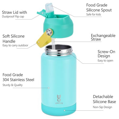Kids Insulated Water Bottle with Straw Lid & Silicone Handle,12oz Kids Leak Proof Water Bottle for School Boys Girls,Double Wall Vacuum Stainless Steel with Non-slip Silicone Base(Lake Blue) - color: Light Blue, size: 12 Ounces