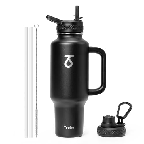 Trebo Insulated Water Bottle 40oz Fits in Car Cup Holder with Side Handle | Stainless Steel Metal Tumbler with Straw Spout Lids, Triple-Wall Vacuum Copper Plated, Cold 48 Hrs Hot 24 Hrs for Travel, Gym - color: Deep Black, size: 40 Ounces
