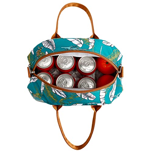 FlowFly Insulated Lunch Bag With Shoulder Strap for Women, Men, and Kids, Large and Reusable, Handle, Freezable Work and School Travel Tote and Meal Prep Organizer, leaves - color: Feather