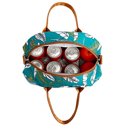 FlowFly Insulated Lunch Bag With Shoulder Strap for Women, Men, and Kids, Large and Reusable, Handle, Freezable Work and School Travel Tote and Meal Prep Organizer, leaves - color: Feather