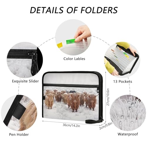 Scottish Highland Cow Winter Expanding Accordion File Folder with 13 Pockets and Zipper Closure - color: Scottish Highland Cow in a Natural Winter