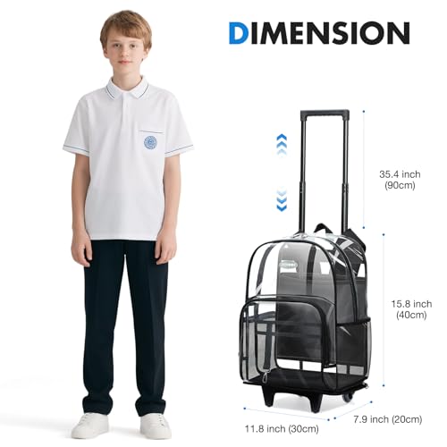 Rolling Clear Backpack Heavy Duty, 3-Stage Telescopic Handle Transparent Bookbag with wheels, See Through Backpack for College, Work, Travel